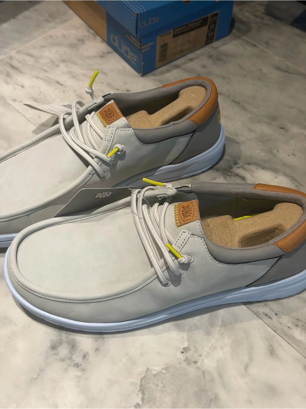 Hey Dude Men's 9 Light Gray Shoes with Tan Accents Paul classic bold